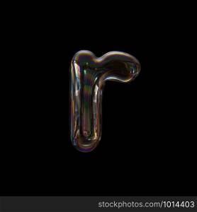 Bubble letter R - Small 3d transparent font isolated on black background. This alphabet is perfect for creative illustrations related but not limited to Water, childhood, fragility...