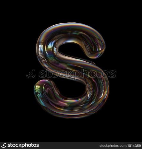 Bubble letter S - Capital 3d transparent font isolated on black background. This alphabet is perfect for creative illustrations related but not limited to Water, childhood, fragility...