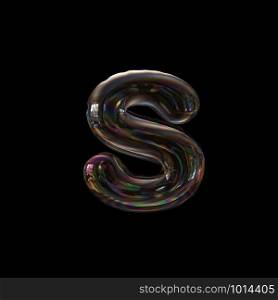 Bubble letter S - Lower-case 3d transparent font isolated on black background. This alphabet is perfect for creative illustrations related but not limited to Water, childhood, fragility...