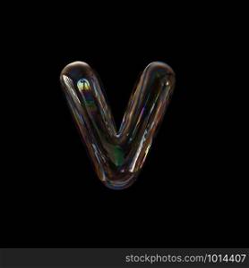 Bubble letter V - Small 3d transparent font isolated on black background. This alphabet is perfect for creative illustrations related but not limited to Water, childhood, fragility...