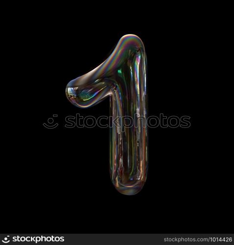 Bubble number 1 - 3d transparent digit isolated on black background. This alphabet is perfect for creative illustrations related but not limited to Water, childhood, fragility...