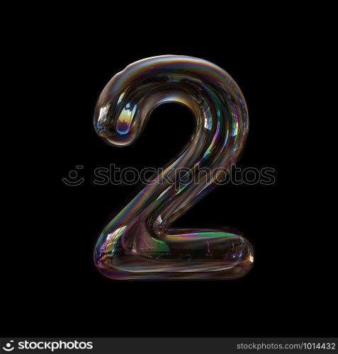 Bubble number 2 - 3d transparent digit isolated on black background. This alphabet is perfect for creative illustrations related but not limited to Water, childhood, fragility...