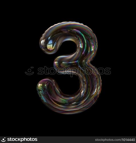 Bubble number 3 - 3d transparent digit isolated on black background. This alphabet is perfect for creative illustrations related but not limited to Water, childhood, fragility...