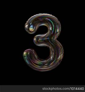 Bubble number 3 - 3d transparent digit isolated on black background. This alphabet is perfect for creative illustrations related but not limited to Water, childhood, fragility...