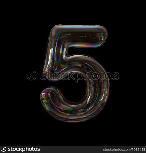 Bubble number 5 - 3d transparent digit isolated on black background. This alphabet is perfect for creative illustrations related but not limited to Water, childhood, fragility...