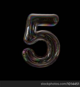 Bubble number 5 - 3d transparent digit isolated on black background. This alphabet is perfect for creative illustrations related but not limited to Water, childhood, fragility...