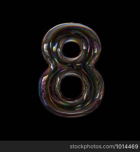 Bubble number 8 - 3d transparent digit isolated on black background. This alphabet is perfect for creative illustrations related but not limited to Water, childhood, fragility...