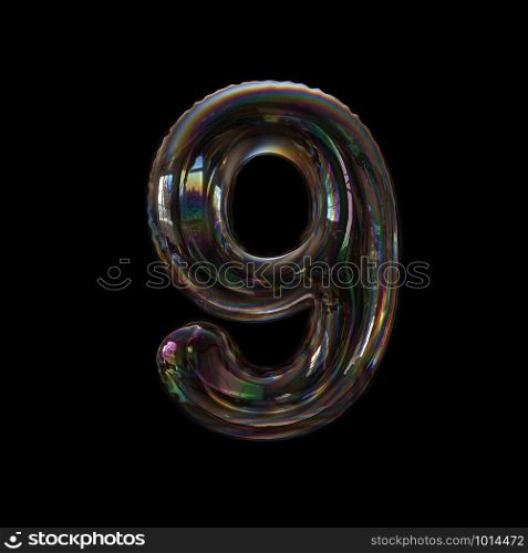 Bubble number 9 - 3d transparent digit isolated on black background. This alphabet is perfect for creative illustrations related but not limited to Water, childhood, fragility...