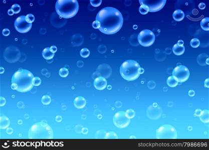 Bubbles water concept background with effervescent transparent liquid or bath soap suds with a group of shining spheres in many circular sizes floating in a deep cool color as clean blue symbols of washing and clear sparkling freshness.