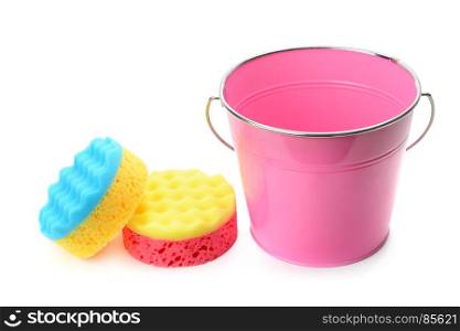 Bucket and foam sponge for cleaning isolated on white background