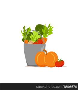 Bucket metal vegetables colorful cartoon vector illustration. Vegetarian nutrition market concept: onion pumpkin tomato carrot salad and other product. Organic healthy food harvest delivery package. Bucket metal vegetables colorful cartoon vector illustration.