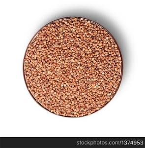 Buckwheat in a bowl from above isolated on a white background. Buckwheat in a bowl from above