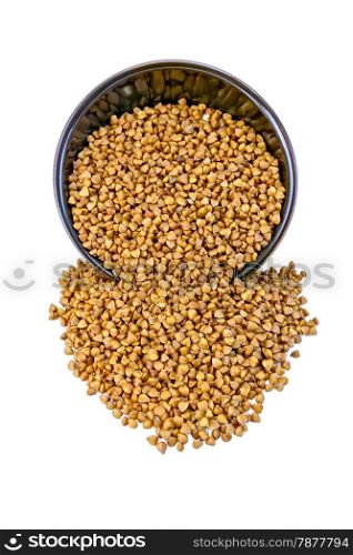 Buckwheat in a brown bowl isolated on white background