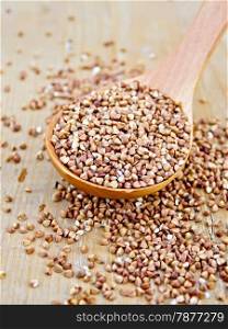 Buckwheat in a wooden spoon on a wooden boards background