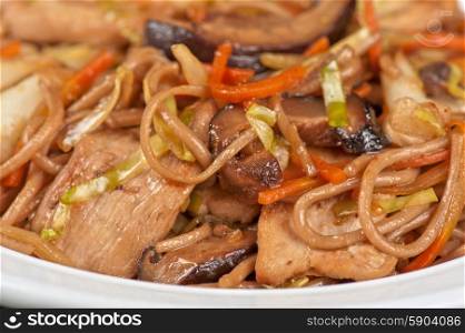 buckwheat noodles with chicken. buckwheat noodles with chicken vegetables mushrooms and teriyaki sauce