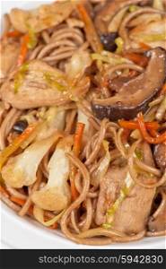 buckwheat noodles with chicken. buckwheat noodles with chicken vegetables mushrooms and teriyaki sauce