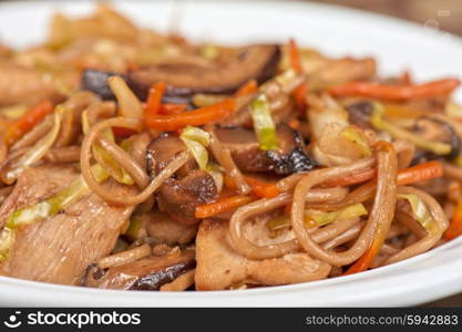 buckwheat noodles with chicken. buckwheat noodles with chicken vegetables mushrooms and teriyaki sauce