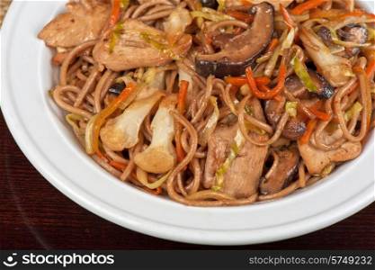 buckwheat noodles with chicken vegetables mushrooms and teriyaki sauce. buckwheat noodles with chicken
