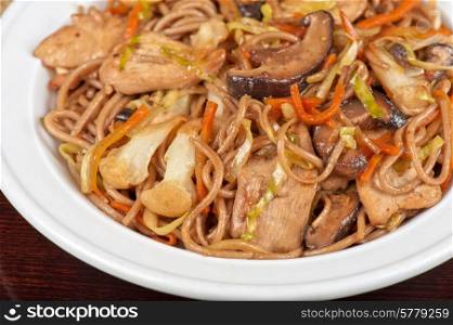 buckwheat noodles with chicken vegetables mushrooms and teriyaki sauce. buckwheat noodles with chicken