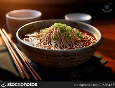 Buckwheat soba noodles with chopsticks on restaurant table.AI Generative