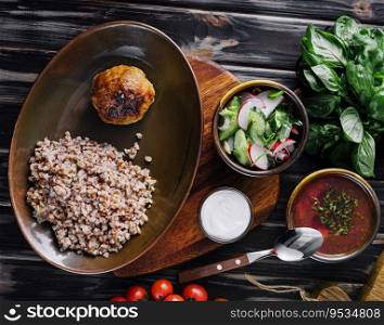 buckwheat with cutlet, borscht and salad