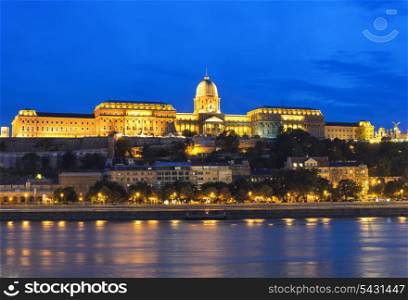 Buda Castle (Royal Palace) and Danube river at night. Budapest, Hungary.