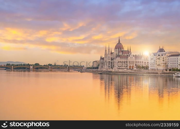 Budapest city skyline, cityscape of Hungary at sunrise with the Parliament of Budapest Building