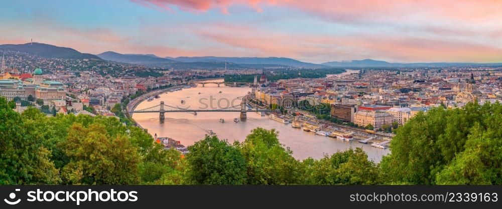 Budapest city skyline, cityscape of Hungary at sunset with the Parliament of Budapest Building