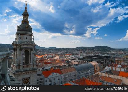 Budapest city skyline, Hungary, Europe. Top view of city center with Hungalian Parliament in background. Bell of Saint Stephens Basilica. Panorama of Budapest, capital of Hungary. Buda Hill cityscape. Budapest city skyline, Hungary, Europe