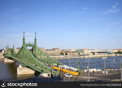 Budapest cityscape and Liberty Bridge (Hungarian: Szabadsag Hid) on the Danube river in Hungary.