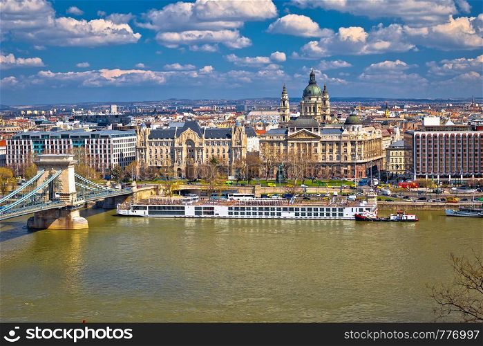 Budapest Danube river waterfront architecture springtime view, capital of Hungary