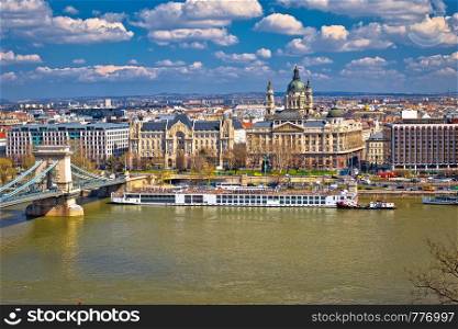 Budapest Danube river waterfront architecture springtime view, capital of Hungary