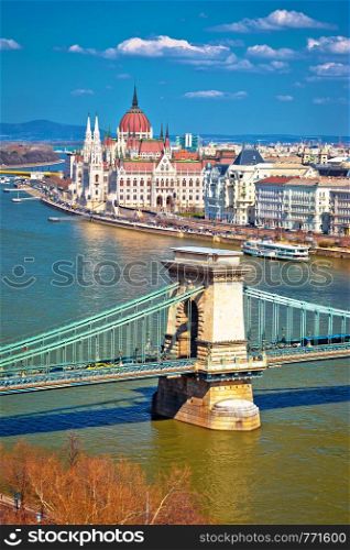 Budapest Danube river waterfront Chain bridge and Parliament building panoramic view, capital of Hungary