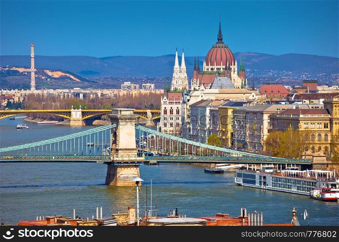 Budapest Danube river waterfront Chain bridge and Parliament building panoramic view, capital of Hungary
