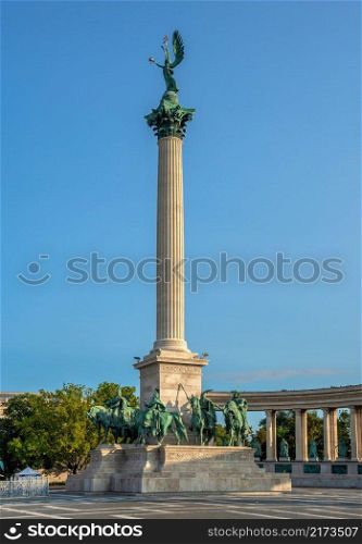 Budapest, Hungary 21.08.2021. Monument to the Millennium of Hungary on the Heroes Square in Budapest on a sunny summer morning. Monument to the Millennium of Hungary in Budapest