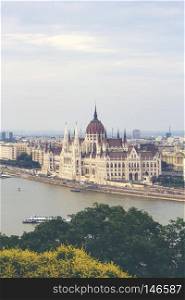 Budapest, Hungary - June 2018, The Hungarian Parliament Building, the Orszaghaz, and the River Danube in Budapest, Hungary, 29 June 2018