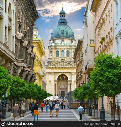 Budapest. Hungary. Zrinyi Utca street and Saint Stephen`s Basilica.