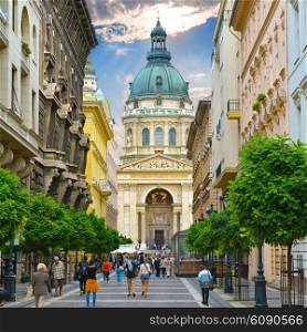 Budapest. Hungary. Zrinyi Utca street and Saint Stephen`s Basilica.