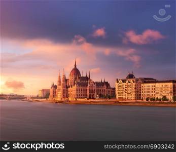 Budapest Parliament and Danube River Embankment at Sunset, Budapest, Hungary