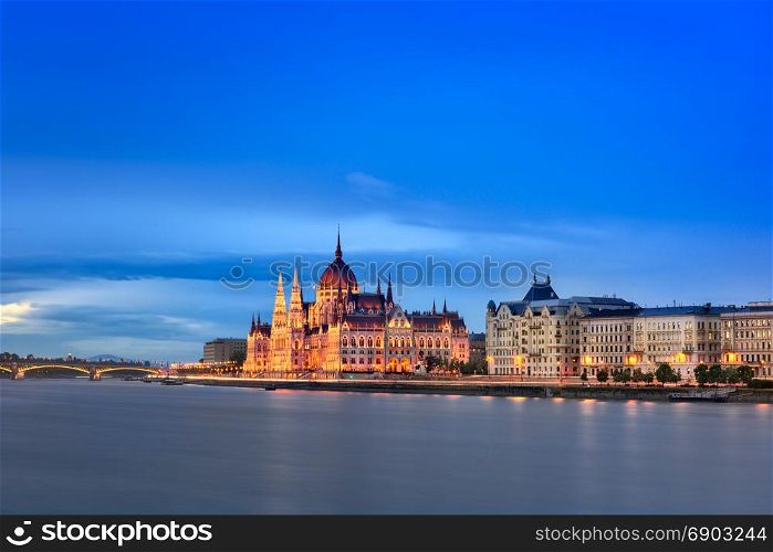 Budapest Parliament and Danube River Embankment in the Evening, Budapest, Hungary