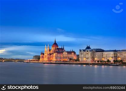 Budapest Parliament and Danube River Embankment in the Evening, Budapest, Hungary