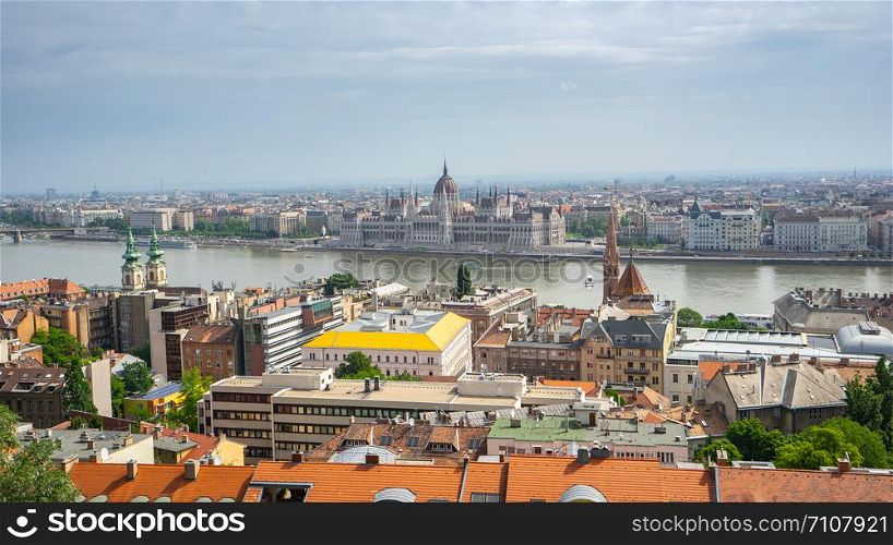 Budapest Parliament Building with view of Danube River in Hungary.