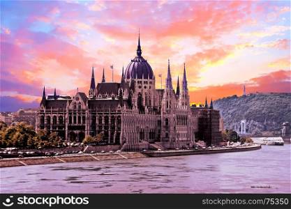Budapest parliament in Hungary at sunset