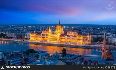 Budapest skyline in Hungary. Night view on Parliament building over delta of Danube river