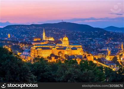 Budapest skyline in Hungary. Night view on Parliament building over delta of Danube river