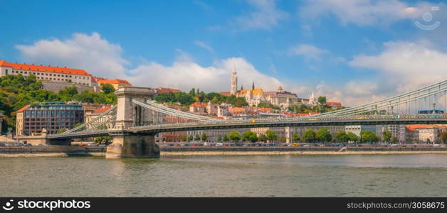 Budapest skyline in Hungary with Parliament building over delta of Danube river