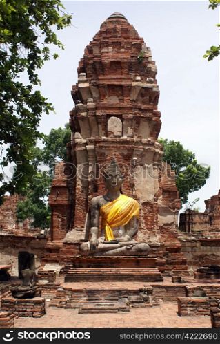 Buddha and pagoda in wat Mahathat in Ayuthaya, Thailand