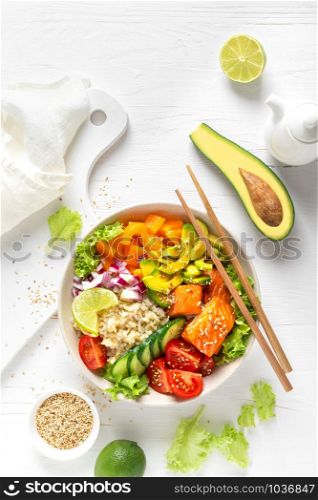 Buddha bowl with grilled salmon fish, fresh cucumber, tomato, onion, sweet pepper, avocado, lettuce salad and rice, healthy balanced eating