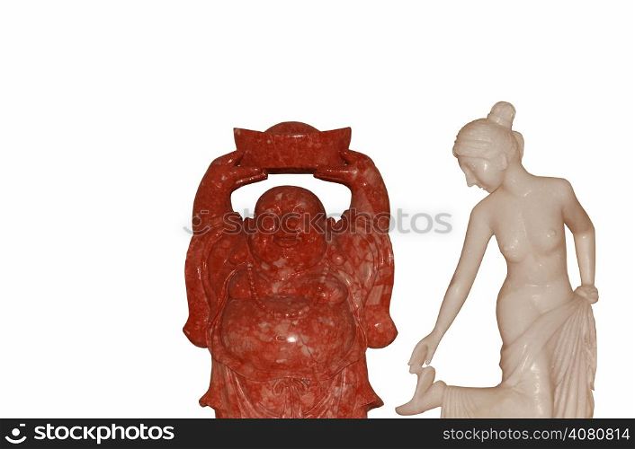 Buddha figurines and woman figurines on a white background.