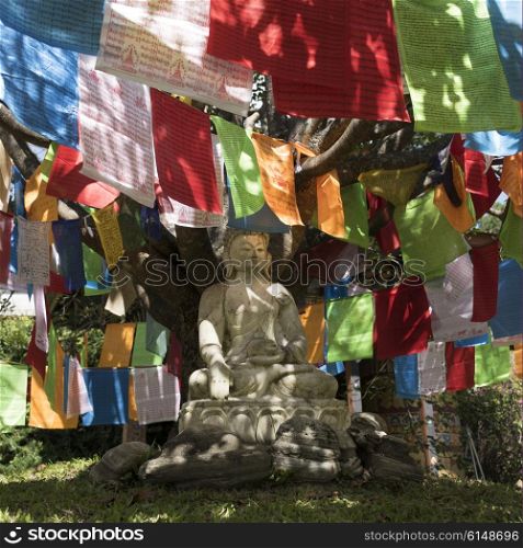 Buddha statue surrounded by prayer flags, Khamsum Yulley Namgyal Chorten, Punakha, Punakha District, Bhutan
